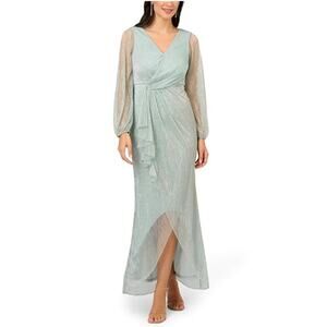 Adrianna Papell Long Sleeve Metallic Chiffon Evening Gown Blue Size 6 Dress